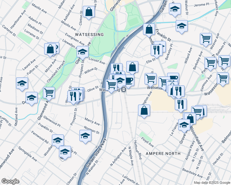 map of restaurants, bars, coffee shops, grocery stores, and more near 28 Arch Street in Bloomfield