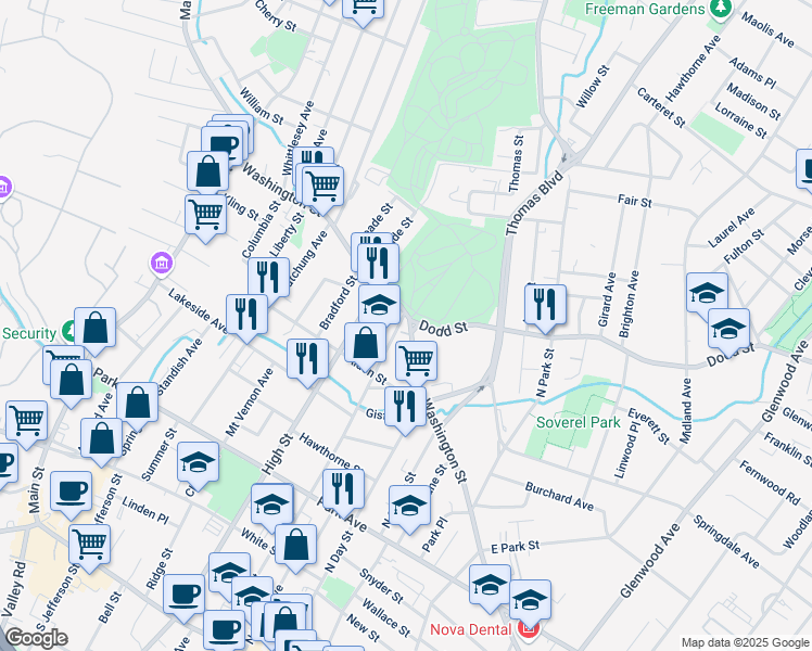 map of restaurants, bars, coffee shops, grocery stores, and more near 350 Washington Street in City of Orange