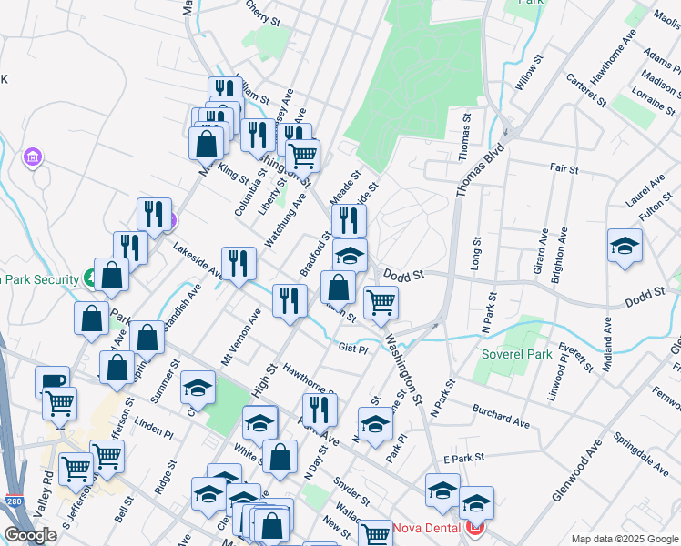 map of restaurants, bars, coffee shops, grocery stores, and more near 355 Cleveland Street in City of Orange