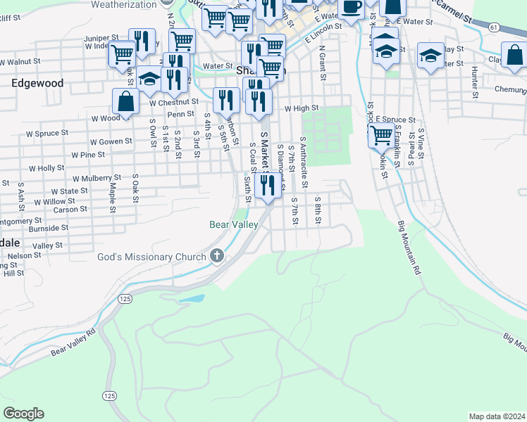 map of restaurants, bars, coffee shops, grocery stores, and more near 521 Bear Valley Avenue in Shamokin