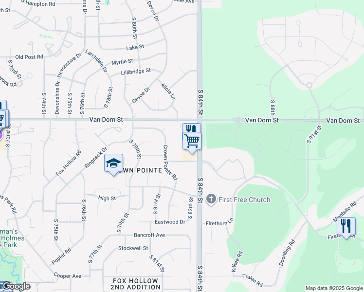 map of restaurants, bars, coffee shops, grocery stores, and more near 8304 Rockledge Road in Lincoln