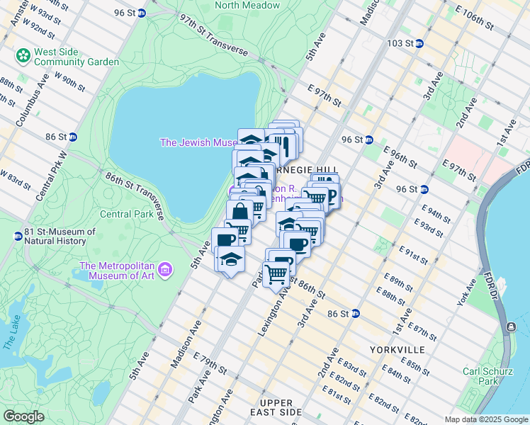 map of restaurants, bars, coffee shops, grocery stores, and more near 40 East 89th Street in New York