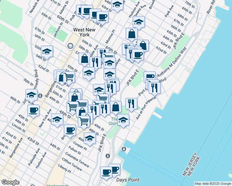 map of restaurants, bars, coffee shops, grocery stores, and more near 5414 Park Avenue in West New York