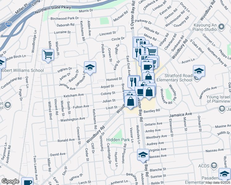 map of restaurants, bars, coffee shops, grocery stores, and more near 9 Julian Street in Hicksville