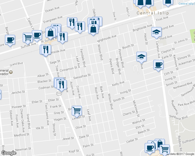 map of restaurants, bars, coffee shops, grocery stores, and more near 160 Bark Avenue in Central Islip