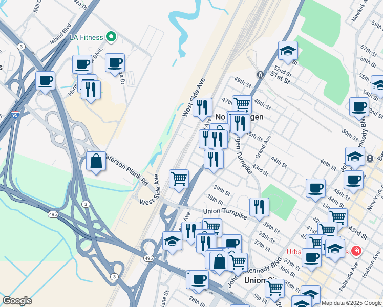 map of restaurants, bars, coffee shops, grocery stores, and more near 4001 Dell Avenue in North Bergen