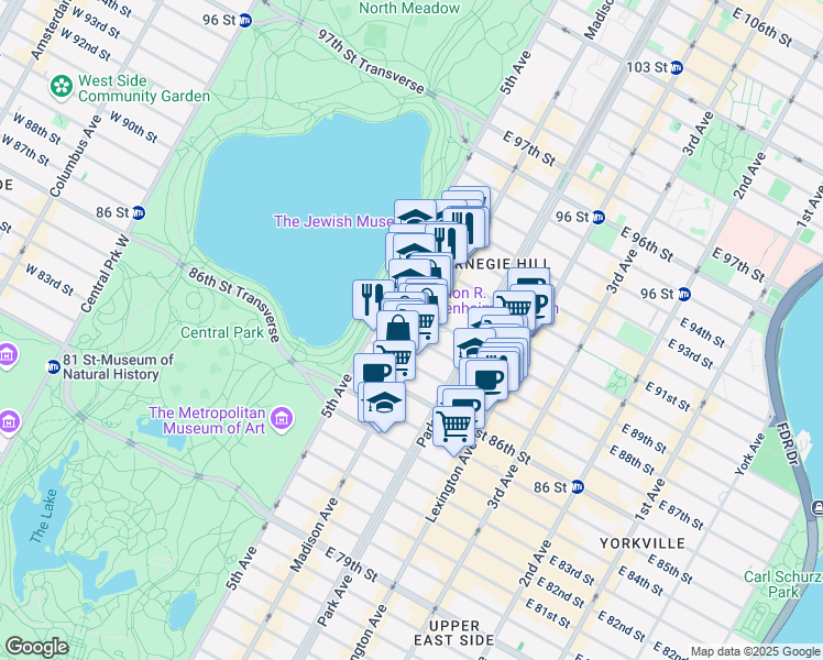 map of restaurants, bars, coffee shops, grocery stores, and more near 17 East 88th Street in New York