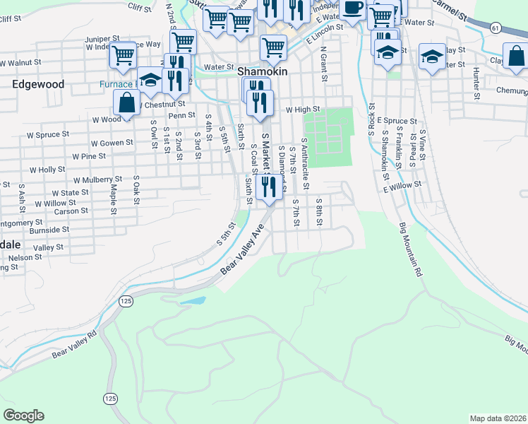 map of restaurants, bars, coffee shops, grocery stores, and more near 521 Bear Valley Avenue in Shamokin