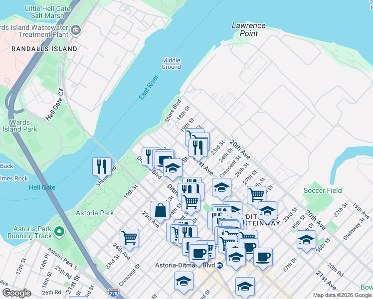 map of restaurants, bars, coffee shops, grocery stores, and more near 19-25 21st Road in Queens