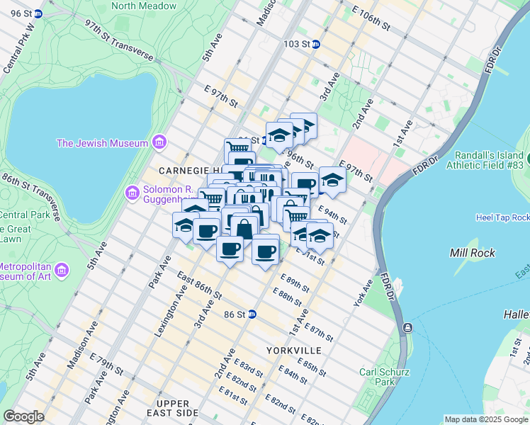 map of restaurants, bars, coffee shops, grocery stores, and more near East 92nd Street in New York