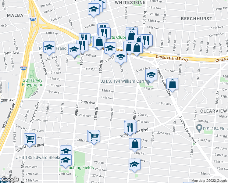 map of restaurants, bars, coffee shops, grocery stores, and more near 18th Avenue in Queens