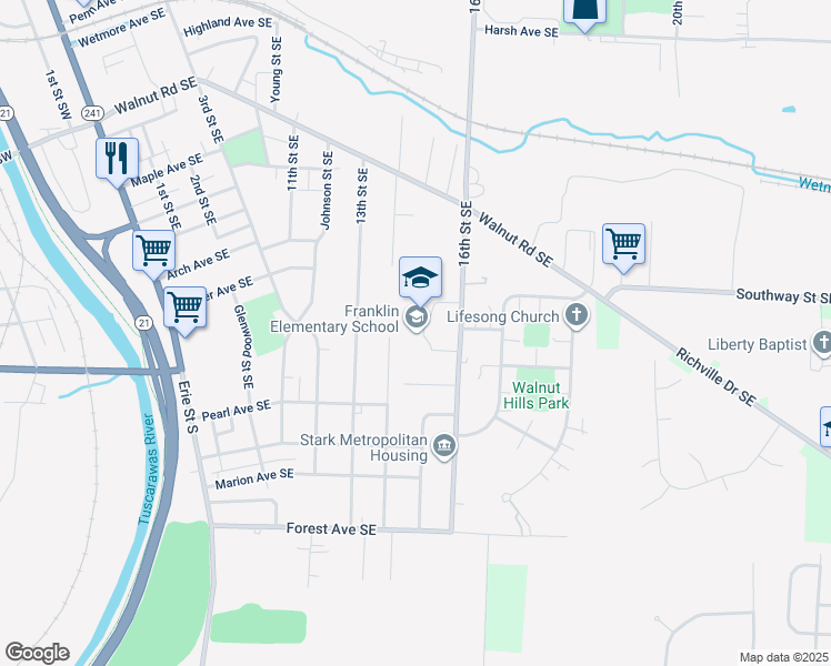 map of restaurants, bars, coffee shops, grocery stores, and more near 1237 16th Street Southeast in Massillon