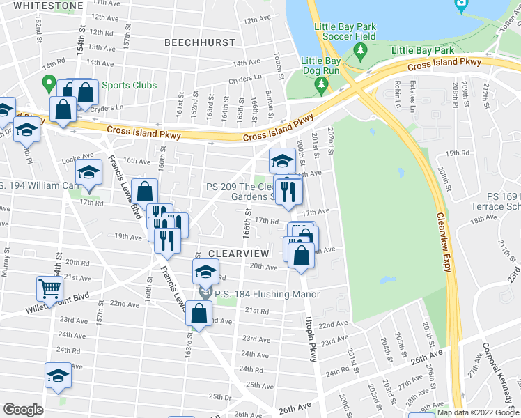 map of restaurants, bars, coffee shops, grocery stores, and more near 166-16 17th Avenue in Queens