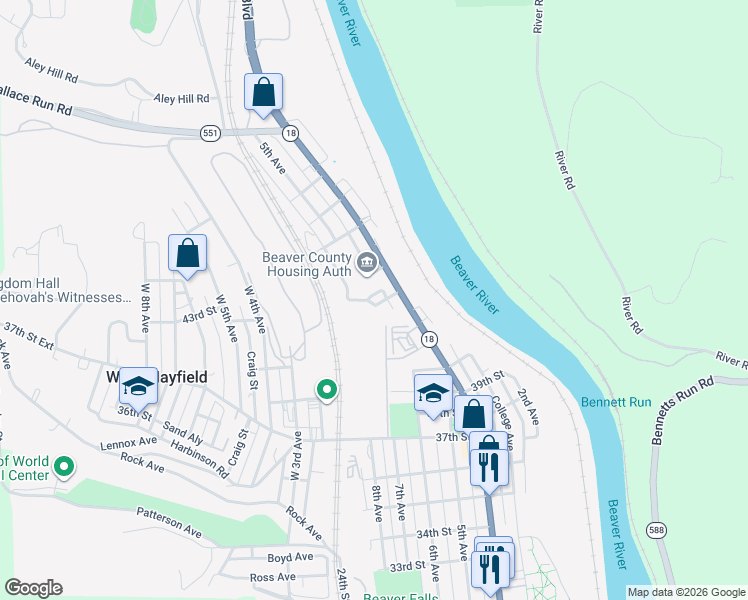 map of restaurants, bars, coffee shops, grocery stores, and more near 421 43rd Street in Beaver Falls