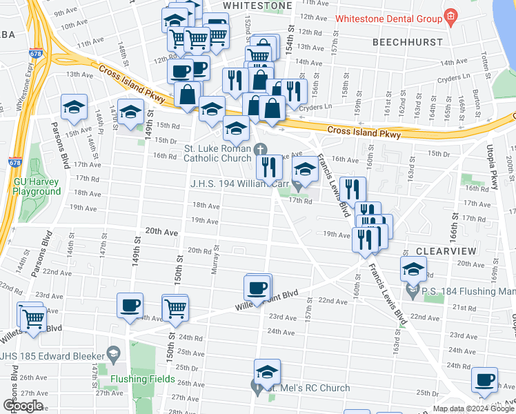 map of restaurants, bars, coffee shops, grocery stores, and more near 151-59 18th Avenue in Queens