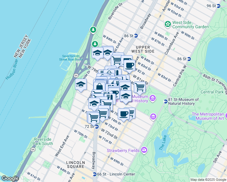 map of restaurants, bars, coffee shops, grocery stores, and more near 210 West 78th Street in New York