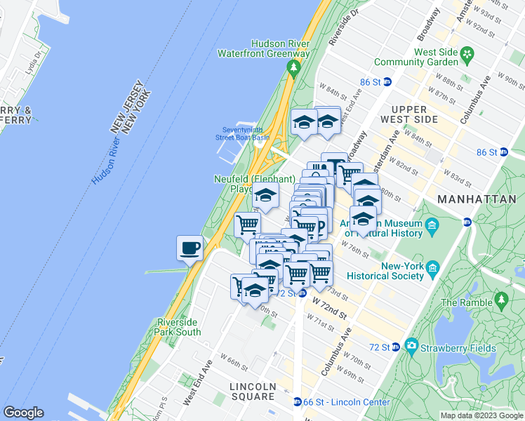 map of restaurants, bars, coffee shops, grocery stores, and more near 23 Riverside Drive in New York