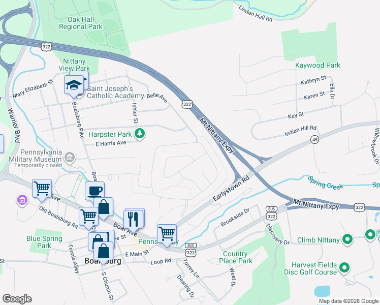 map of restaurants, bars, coffee shops, grocery stores, and more near 268 Plymouth Circle in Boalsburg