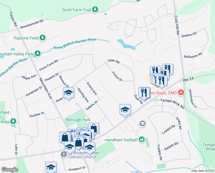 map of restaurants, bars, coffee shops, grocery stores, and more near 17 Halstead Road in Mendham