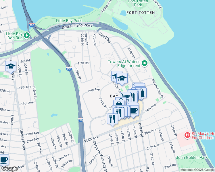 map of restaurants, bars, coffee shops, grocery stores, and more near 211-40 18th Avenue in Queens