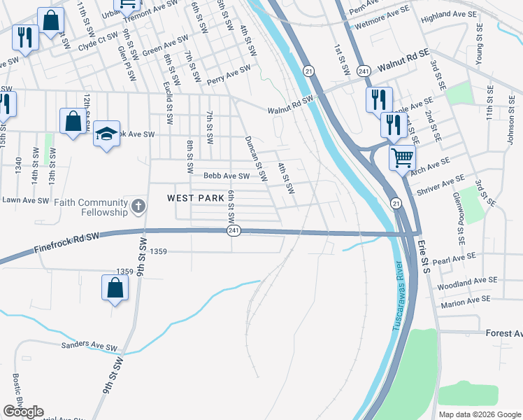 map of restaurants, bars, coffee shops, grocery stores, and more near 551 Griffith Avenue Southwest in Massillon