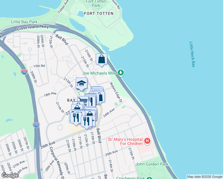 map of restaurants, bars, coffee shops, grocery stores, and more near 215-20 23rd Road in Queens