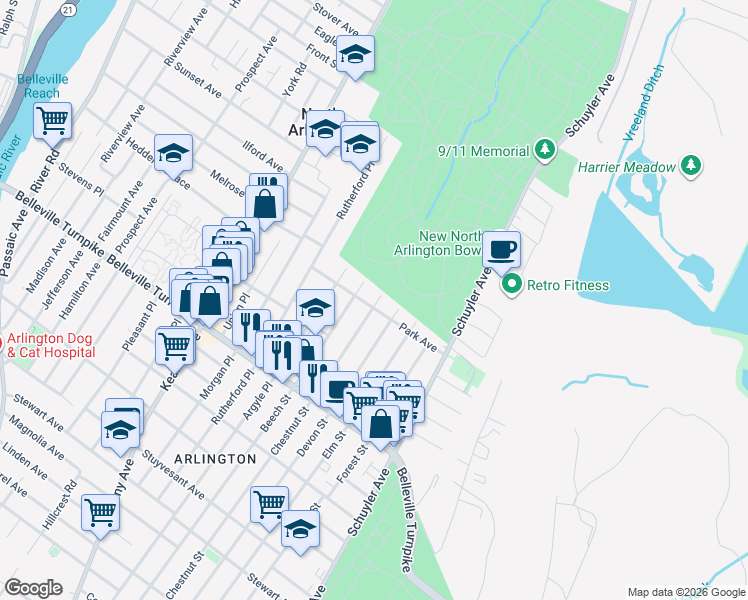 map of restaurants, bars, coffee shops, grocery stores, and more near 80 Chestnut Street in North Arlington
