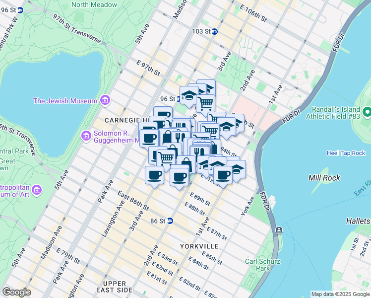 map of restaurants, bars, coffee shops, grocery stores, and more near 215 East 92nd Street in New York