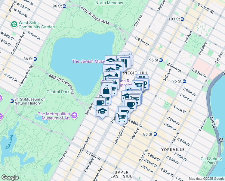 map of restaurants, bars, coffee shops, grocery stores, and more near 1228 Madison Avenue in New York