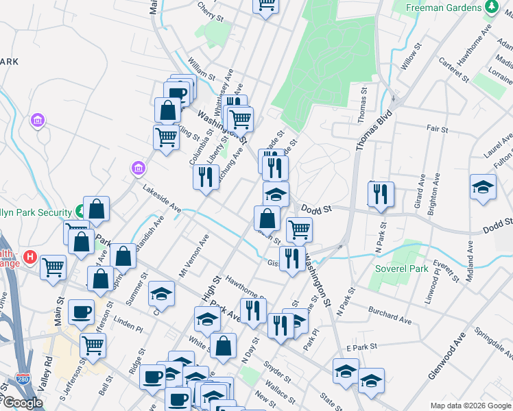 map of restaurants, bars, coffee shops, grocery stores, and more near 363 High Street in City of Orange