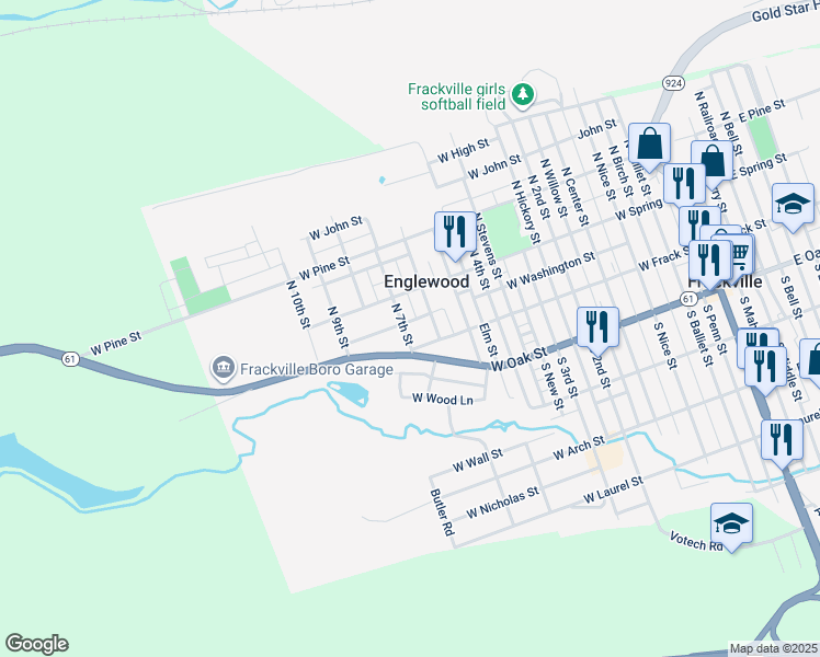 map of restaurants, bars, coffee shops, grocery stores, and more near 15 North 7th Street in Frackville