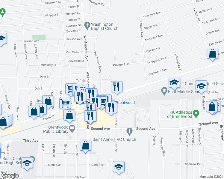 map of restaurants, bars, coffee shops, grocery stores, and more near 840 Suffolk Avenue in Brentwood