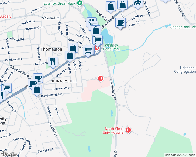 map of restaurants, bars, coffee shops, grocery stores, and more near 145 Community Drive in Manhasset