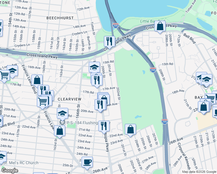 map of restaurants, bars, coffee shops, grocery stores, and more near 17-6 201st Street in Queens