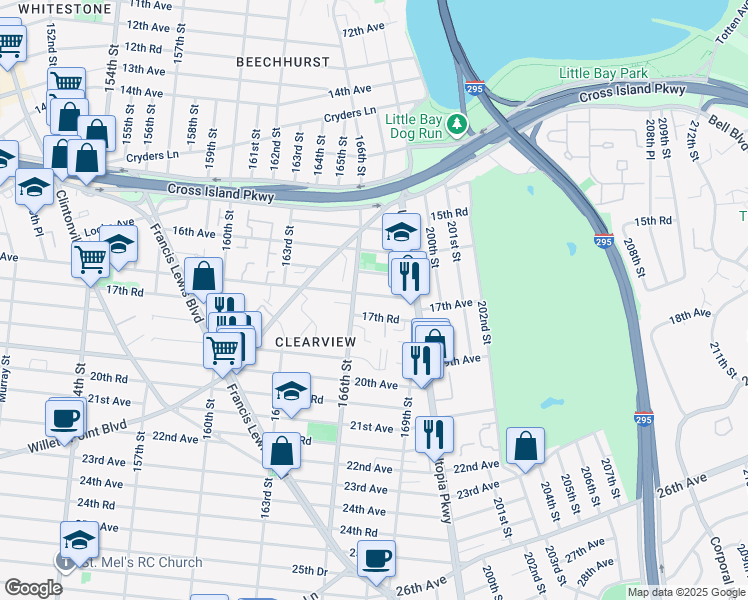 map of restaurants, bars, coffee shops, grocery stores, and more near 166-2 17th Road in Queens