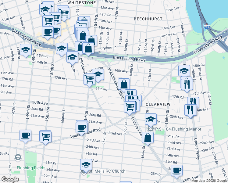 map of restaurants, bars, coffee shops, grocery stores, and more near 157-33 18th Avenue in Queens