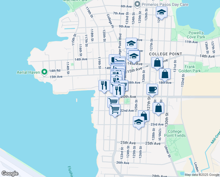 map of restaurants, bars, coffee shops, grocery stores, and more near 18-43 121st Street in Queens