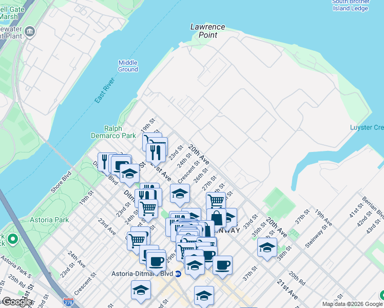 map of restaurants, bars, coffee shops, grocery stores, and more near 20-22 Crescent Street in Queens