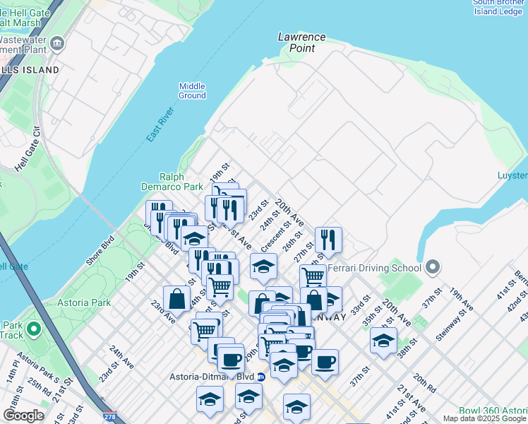 map of restaurants, bars, coffee shops, grocery stores, and more near 20-51 23rd Street in Queens