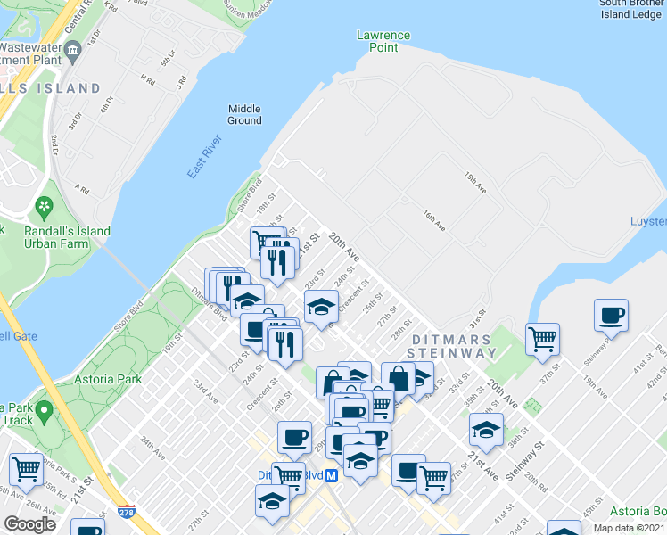 map of restaurants, bars, coffee shops, grocery stores, and more near 20-51 23rd Street in Queens