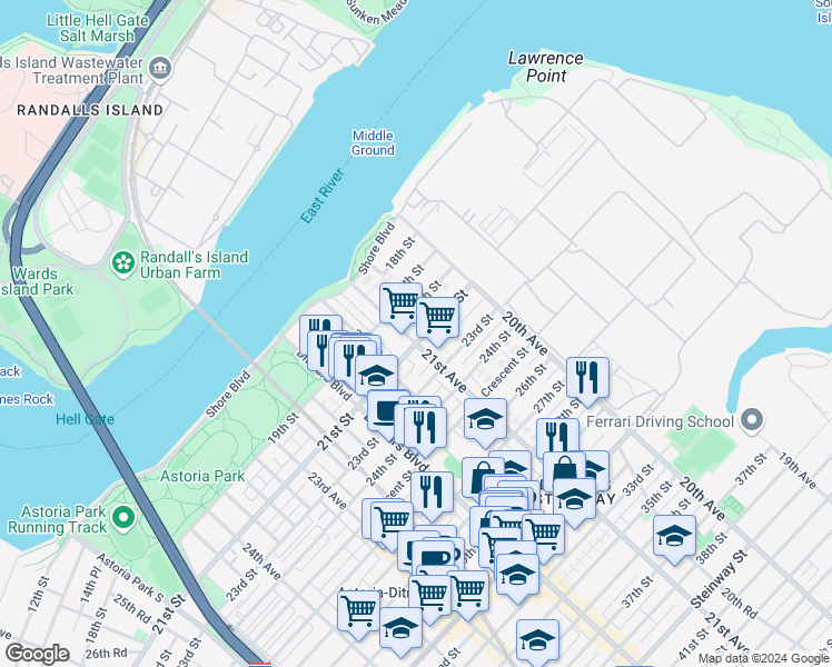 map of restaurants, bars, coffee shops, grocery stores, and more near 21-15 21st Avenue in Queens