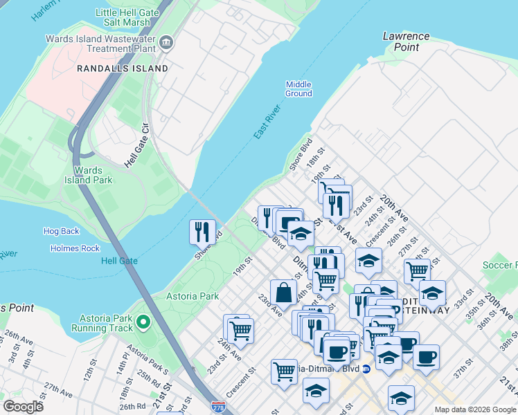 map of restaurants, bars, coffee shops, grocery stores, and more near 18-37 Ditmars Boulevard in Queens