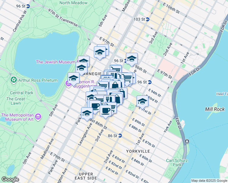 map of restaurants, bars, coffee shops, grocery stores, and more near 161 East 90th Street in New York