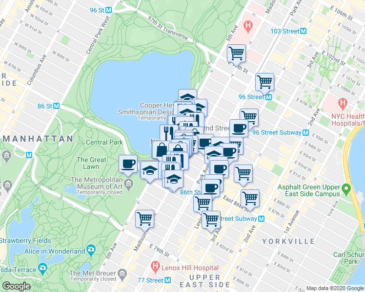 map of restaurants, bars, coffee shops, grocery stores, and more near 11 East 87th Street in New York