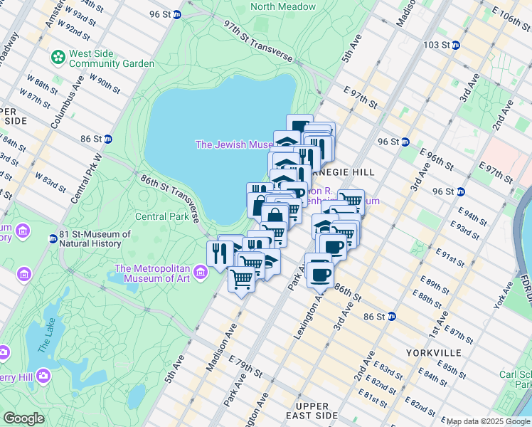 map of restaurants, bars, coffee shops, grocery stores, and more near 11 East 87th Street in New York