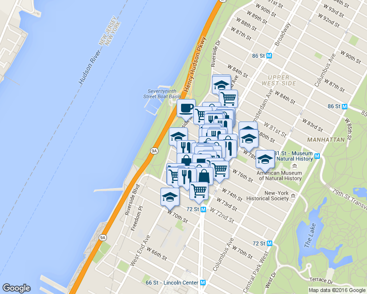 map of restaurants, bars, coffee shops, grocery stores, and more near in New York