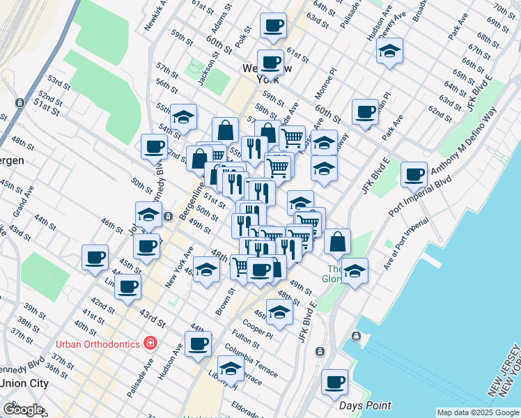 map of restaurants, bars, coffee shops, grocery stores, and more near 223 52nd Street in West New York