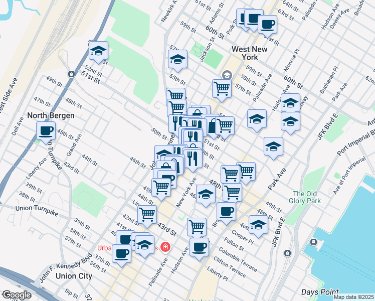 map of restaurants, bars, coffee shops, grocery stores, and more near 4811 Bergenline Avenue in Union City