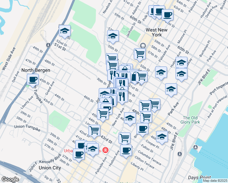 map of restaurants, bars, coffee shops, grocery stores, and more near 4811 Bergenline Avenue in Union City