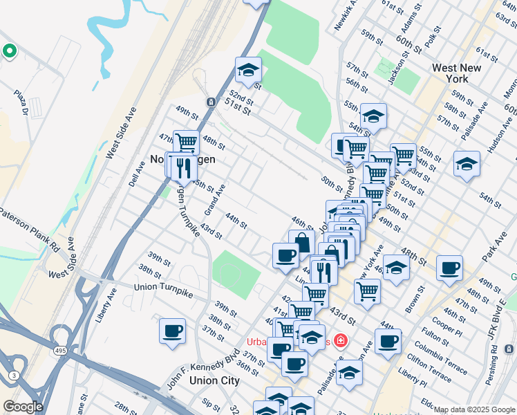 map of restaurants, bars, coffee shops, grocery stores, and more near 1223 46th Street in North Bergen